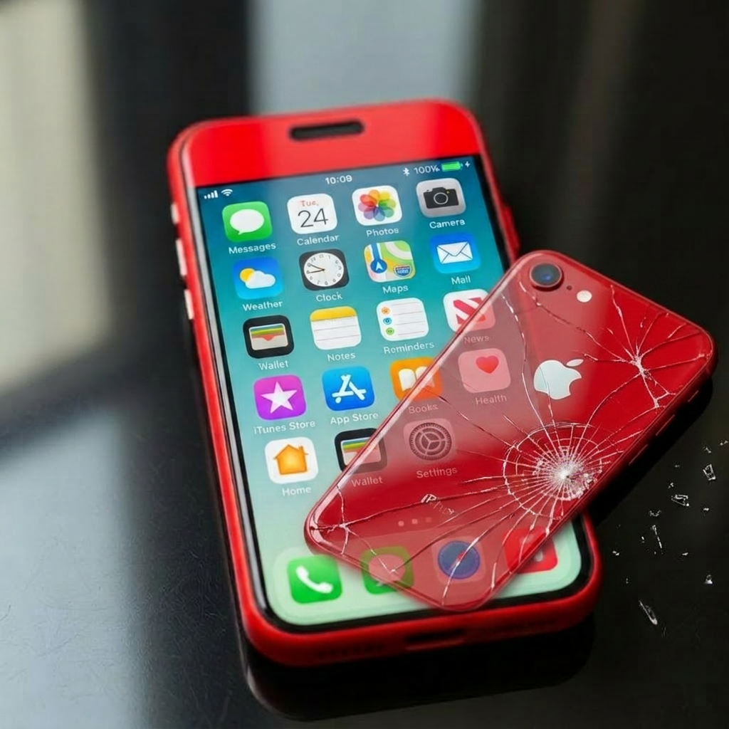 iPhone rouge — Batterie remplacée — avant
